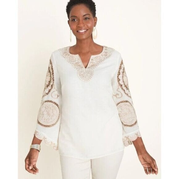 Chico's Embroidered Tunic Top Cream 1 Medium - Picture 1 of 7